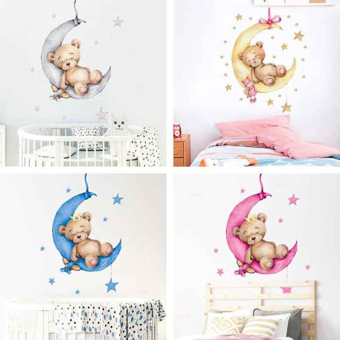 Teddy Bear Sleeping on the Moon and Stars Wall Stickers