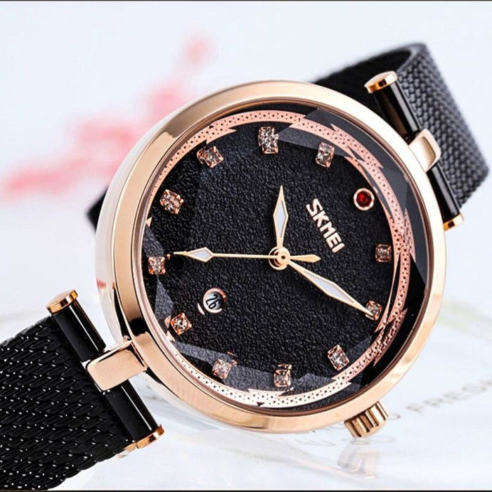 Three Dimensional Glass Dial Quartz Mesh Steel Strap Women