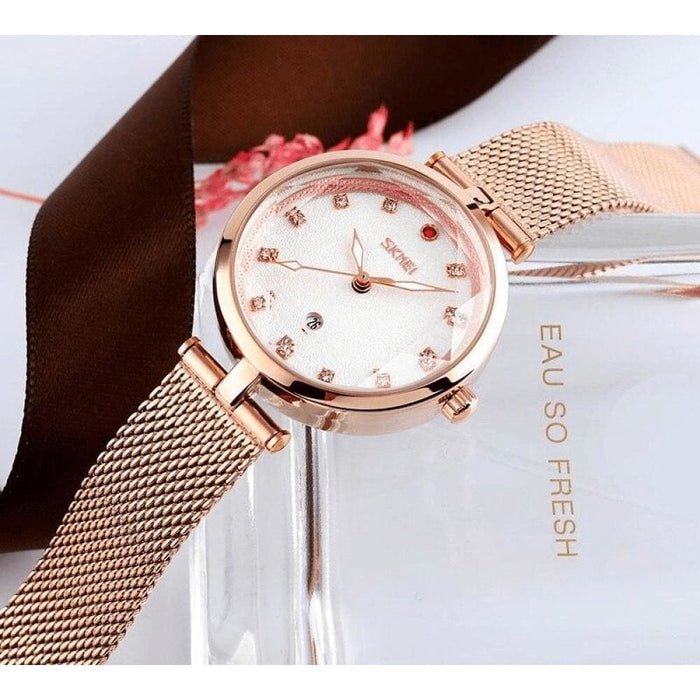 Three Dimensional Glass Dial Quartz Mesh Steel Strap Women