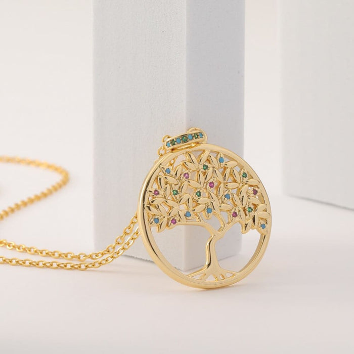 Tree Of Life Pendant Necklaces With Crystal Stone Gold
