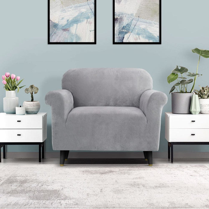 Velvet Sofa Cover Plush Couch Lounge Slipcover 1 Seater Grey