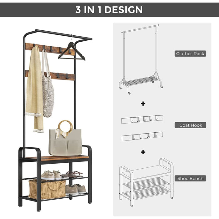 Vintage Coat Rack Shoe Bench Wood Look Accent Furniture
