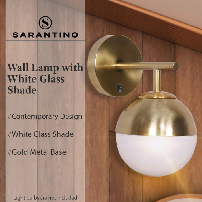 Wall Lamp with Gold Metal Base and White Glass Shade