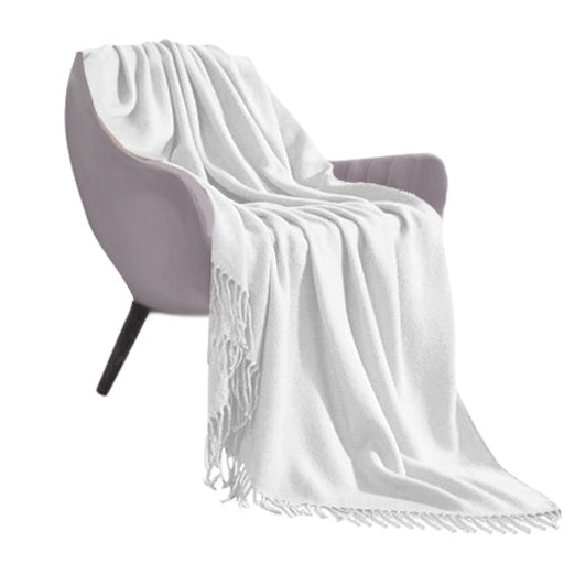 White Acrylic Knitted Throw Blanket Solid Fringed Warm Cozy