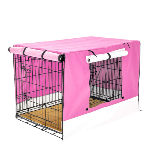 Wire Dog Cage Crate 42in with Tray + Cushion Mat + Pink