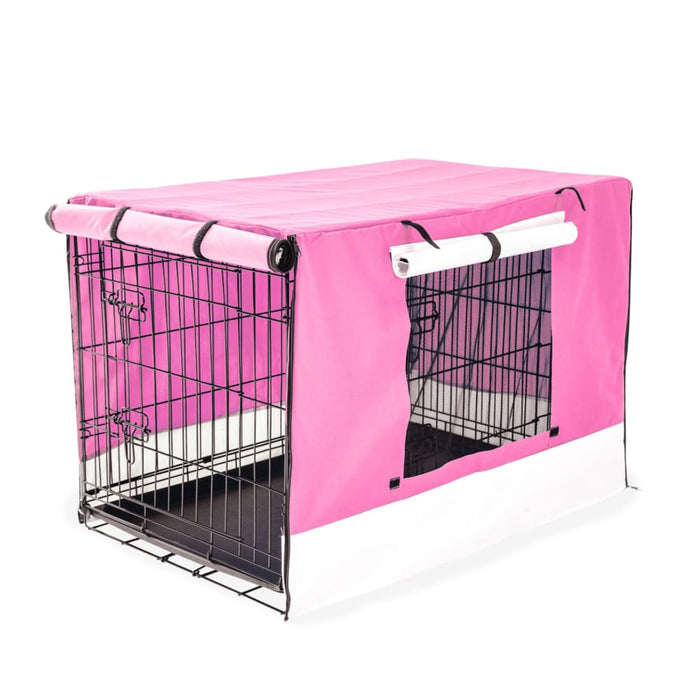 Wire Dog Cage Foldable Crate Kennel 42in with Tray + Pink