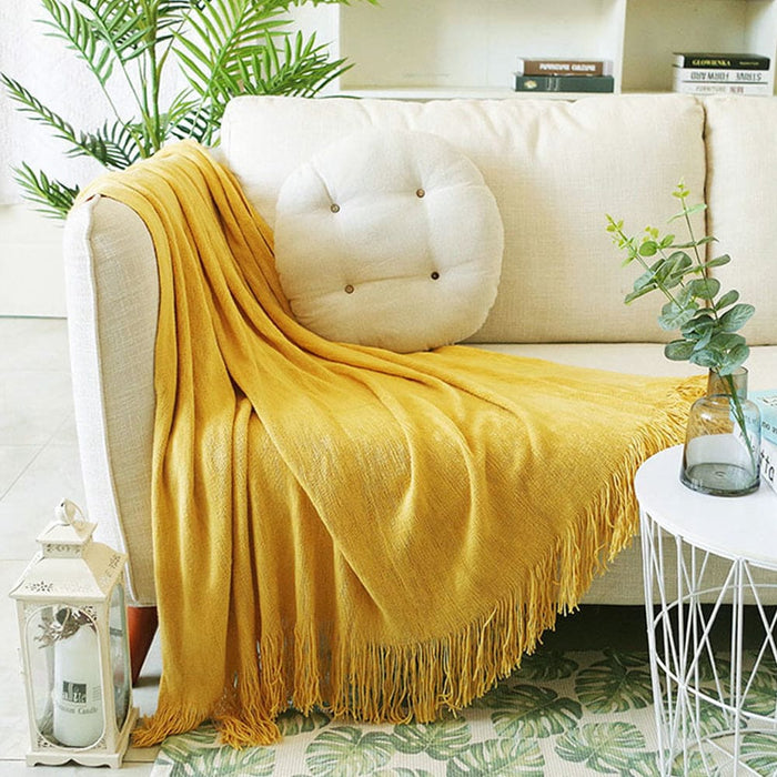 2x Yellow Acrylic Knitted Throw Blanket Solid Fringed Warm