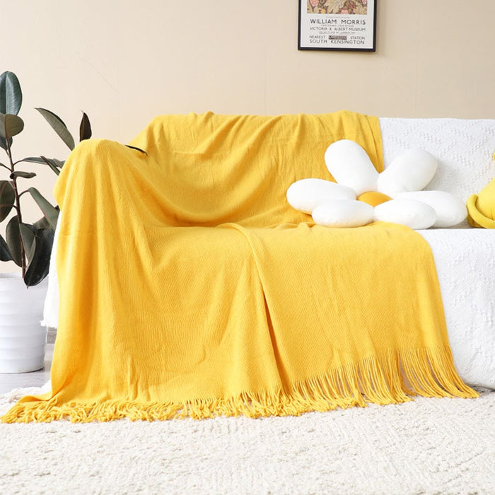 2x Yellow Acrylic Knitted Throw Blanket Solid Fringed Warm