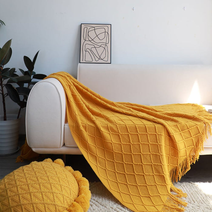 2x Yellow Diamond Pattern Knitted Throw Blanket Warm Cozy