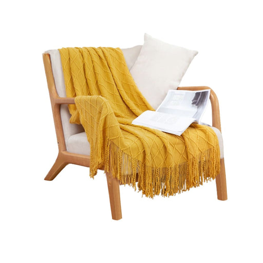 Yellow Diamond Pattern Knitted Throw Blanket Warm Cozy Woven