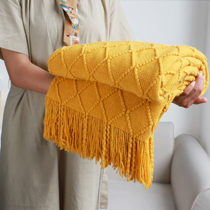 2x Yellow Diamond Pattern Knitted Throw Blanket Warm Cozy